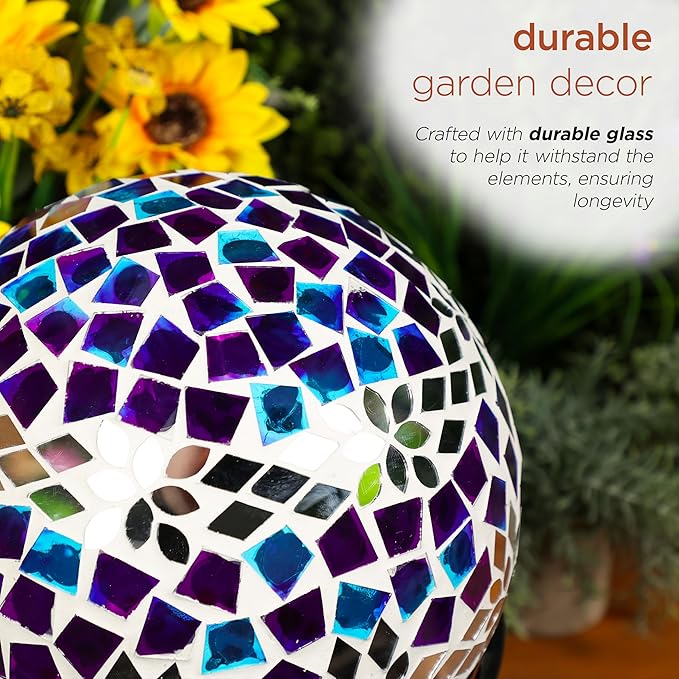Alpine Corporation HMD218 Mosaic Gazing Globe with Mirrored Floral Pattern Decoration for Garden, Patio, and Lawn, 12" H