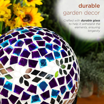Alpine Corporation HMD218 Mosaic Gazing Globe with Mirrored Floral Pattern Decoration for Garden, Patio, and Lawn, 12" H