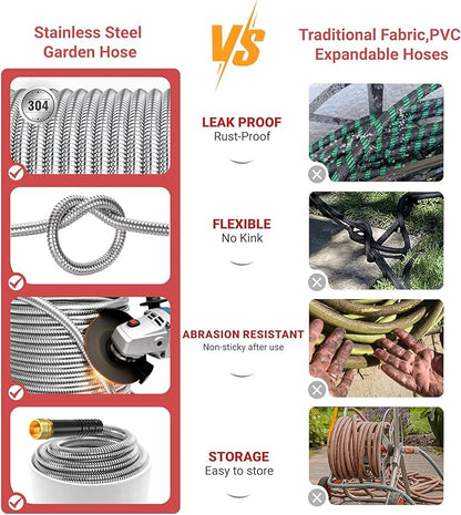 Lefree 125ft Stainless Steel Garden Hose - No-Kink Leak-Proof Crush Resistant, Dog Chew Proof with Upgraded Protective Rubber Sleeve, 10-Function Nozzle for Large Yard, Gardening, RV, Pet Bath