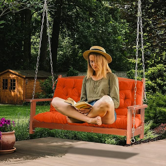 Swing Replacement Cushions with Backrest, 2 or 3 Seater Waterproof Non-Slip Overstuffed Swing Pad, Indoor/Outdoor Bench Cushion for Porch Chair Garden Furniture (Orange, 40 * 71 in)