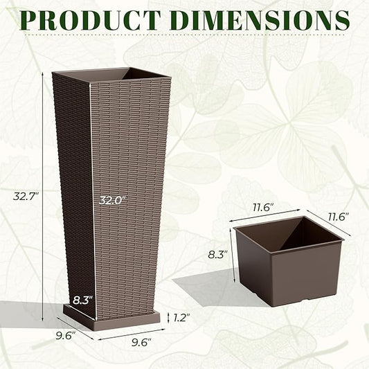 JUMMICO Set of 2 Resin Rattan Tall Planters for Outdoor Plants, Large Tapered Planters with Drainage Holes&Inner Trays, Flower Pots for Garden, Patio, Porch, Backyard (Brown, 32'')