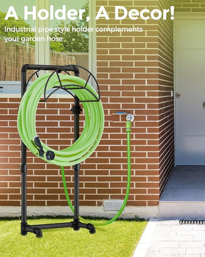 LAND·VOI Freestanding Garden Water Hose Storage Holder Stand for Outside, 160-Ft Hose Heavy Duty Metal Hanger Reel Organizer Outdoor Yard Lawn, Standing Keeper Rack with Ground Stake, Black GHH02B