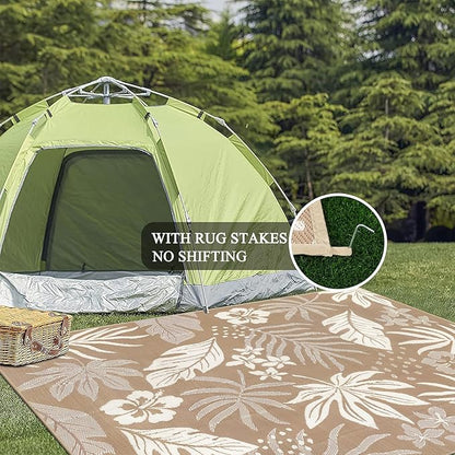 Pauwer Waterproof Outdoor Rug 8x10, Reversible Plastic Straw Patio Camping Rug, Indoor Outdoor RV Mat Carpet for Deck, Camper, Porch, Balcony, Backyard, Picnic, Floral Brown