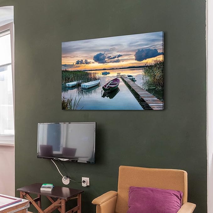 Lake Landscape Canvas Art: Modern Sunset Scene Wall Painting Natural Shore Long Pier Prints Colorful Wilderness Boat Picture Horizontal Mountain Reed Gallery Artwork for Bedroom Bathroom