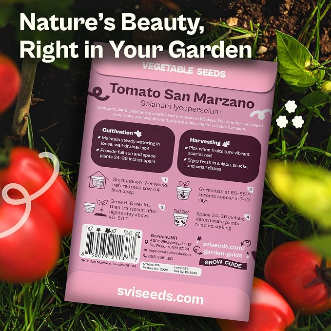 SVI 75 San Marzano Tomato Seeds (Solanum Lycoperscium) - San Marzano Tomatoes Seed Packets, Tomato Paste Seed, Plum Tomatoes Heirloom - Vegetable Seeds for Outdoor & Indoor Home Garden