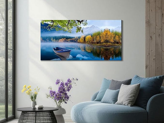 Arjun Landscape Wall Art for Living Room Lake Canvas Blue Picture Bedroom, Summer Nature Boat Artwork Modern Nature Painting Framed Large Home Office Dining Room Wall Decor 40"x20"