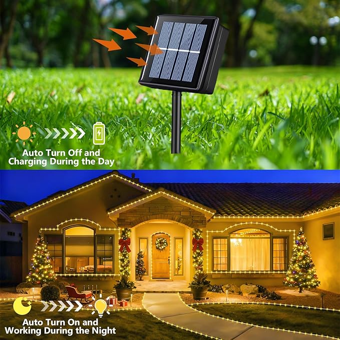 YEGUO Solar Christmas Lights Outdoor Waterproof, 2 Packs Each 33ft 100 LED Rope Lights, 8 Modes Fairy String Lights in Clear Thin Tube for Camping Fence Patio Garden Trampoline Deck(Warm White)