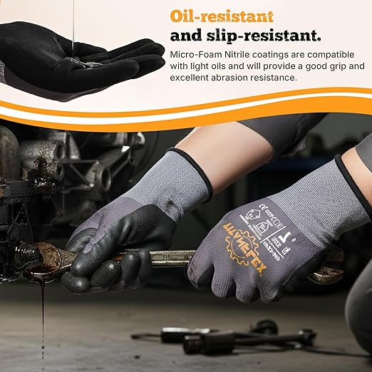 TitanFlex Work Gloves Microfoam Nitrile Coated Men Women-6 Pairs, Safety Warehouse Gloves Mens Working Glove with Grip Heavy Duty, Touchscreen, Seamless Knit Nylon for Automotive, Garden (XX-Large)