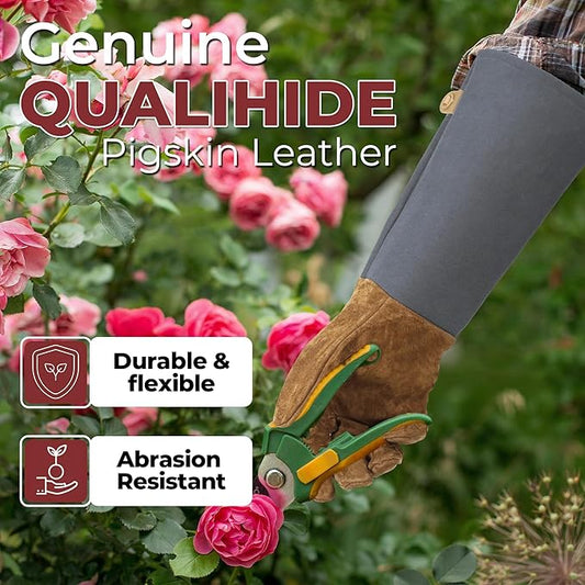 HANDLANDY Long Gardening Gloves for Men & Women, Pigskin Leather Rose Pruning Gloves, Breathable Thorn Proof Gauntlet Glove (Steel Gray, L)
