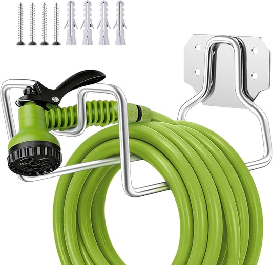 18/0 Stainless Steel Garden Hose Holder Hook, HaSteeL Metal Wall Mount Hanger For Outside Yard Water Vacuum Expandable Hose Extension Cords Storage, Rust Resistant, Hose Nozzle Groove (1 Pack)