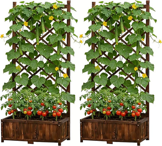 Anraja Raised Garden Bed with Trellis Wooden Planter Box Set of 2 Outdoor Wood Privacy Screen for Climbing Plant Planting Flower Patio Tomato Vegetable Herb Balcony Porch 29.5" L x 17.0" W x 67.0" H