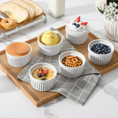 MALACASA Ramekins 6 oz Oven Safe, Porcelain Creme Brulee Ramekins Pudding Custard Cups Small Ceramic Souffle Dishes Ramakan Ramiken Ramicans Baking Bowls Set of 6, White, Series RAMEKIN-DISH