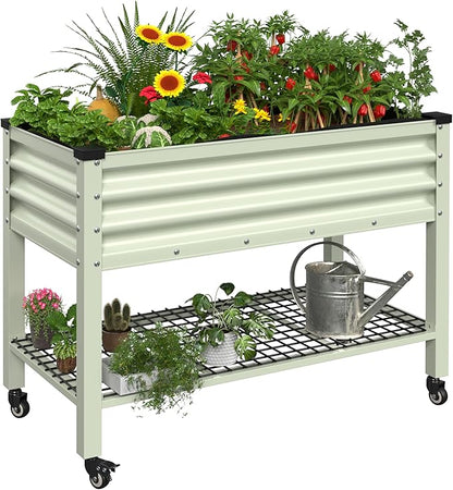 MUPATER 48" L x 24" W x 34" H Galvanized Steel Raised Garden Bed, 507lbs Capacity Large Metal Elevated Raised Planter Box with Rolling Casters & Extra Bottom Shelf for Patio, Balcony, Beige