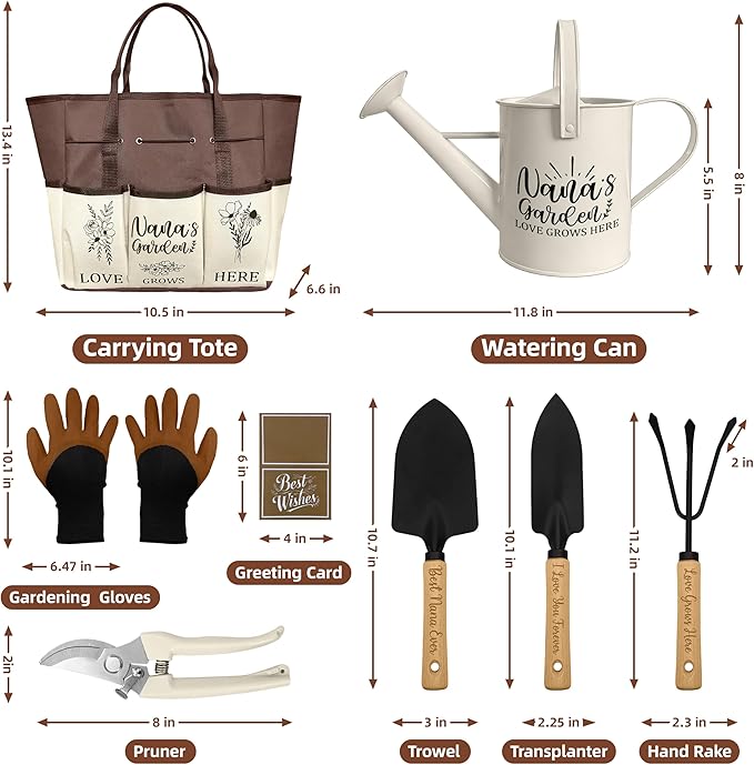 Nana Gifts, Garden Kit Gifts for Nana Mothers Day from Grandkids Gardening Tools and Durable Garden Tools Organizer Tote, Ideal Gardening Set for Women on Plant Lover Birthday Present Brown