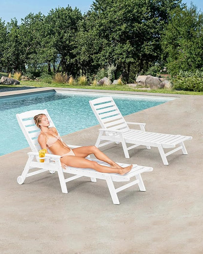 HDPE Outdoor Chaise Lounge Set of 2, 5-Position Adjustable Outdoor Lounger with Wheels & Cup Holder, 78.4'' Poly Lounge Chairs, HDPE Patio Lounge Chairs for Deck, Backyard, Poolside, Pearl