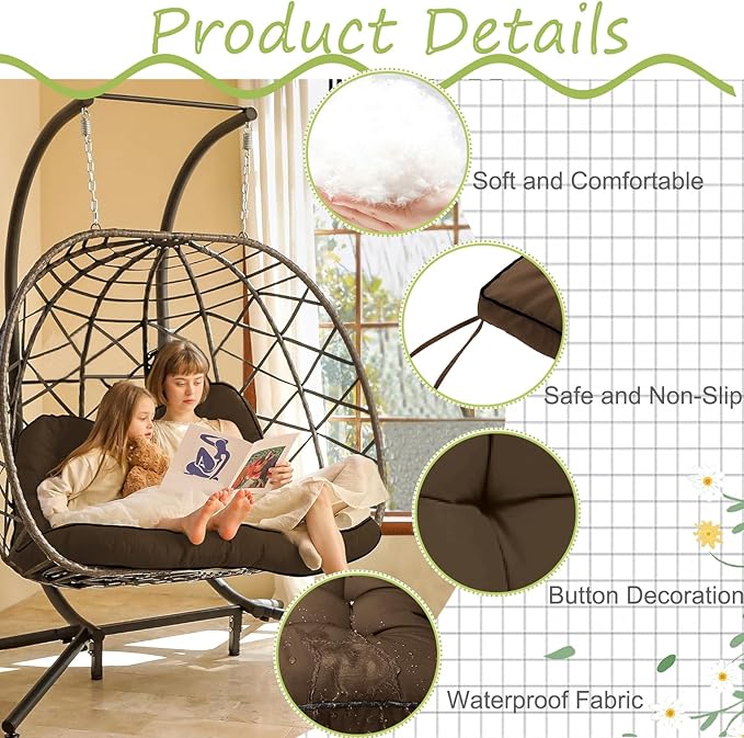 Swing Replacement Cushions with Backrest, 2 or 3 Seater Waterproof Non-Slip Overstuffed Swing Pad, Indoor/Outdoor Bench Cushion for Porch Chair Swing Garden Furniture (Brown, 40 * 70.8in)