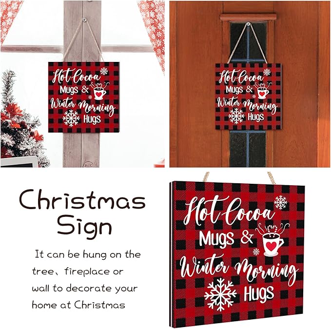 Blulu Christmas Hanging Wooden Sign Christmas Coffee Bar Decor Wood Candy Cane Hot Cocoa Sign Door Hanging Plaque for Xmas Winter Holiday Kitchen Home Wall Decoration(Plaid)