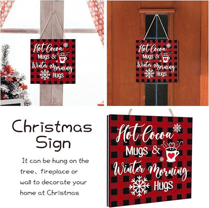 Blulu Christmas Hanging Wooden Sign Christmas Coffee Bar Decor Wood Candy Cane Hot Cocoa Sign Door Hanging Plaque for Xmas Winter Holiday Kitchen Home Wall Decoration(Plaid)