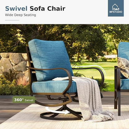 MFSTUDIO 6 Pieces Metal Patio Furniture Sets, 2 Swivel Chairs, 3-Seat Loveseat Sofa, 2 Patio Chairs & 1 Marbling Coffee Table, All Weather 7 Seats Outdoor Conversation Set for Garden, Peacock Blue
