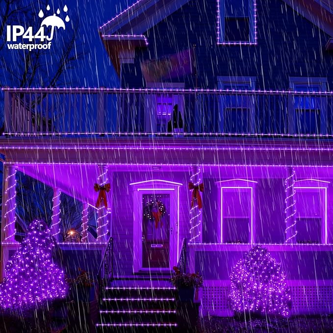 YEGUO Solar Christmas Lights Outdoor Waterproof, 2 Packs Each 33ft 100 LED Rope Lights, 8 Modes Fairy String Lights in Clear Thin Tube for Camping Fence Patio Garden Trampoline Deck(Purple)