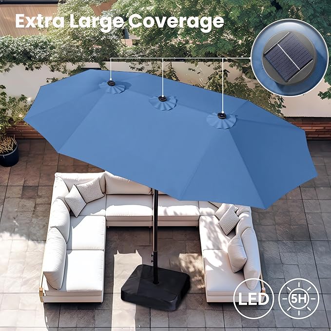 PHI VILLA 15ft Large Patio Umbrella with Solar Lights, Double-Sided Outdoor Market Rectangle Umbrellas with 36 LED Lights, Umbrella Base (Stand) Included, Haze Blue