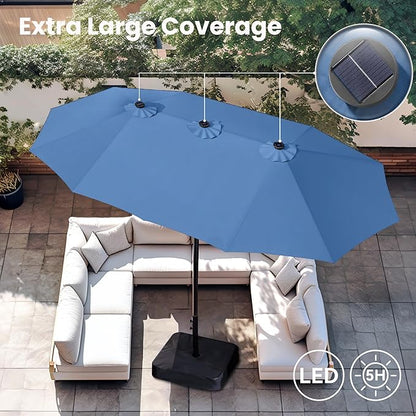 PHI VILLA 15ft Large Patio Umbrella with Solar Lights, Double-Sided Outdoor Market Rectangle Umbrellas with 36 LED Lights, Umbrella Base (Stand) Included, Haze Blue