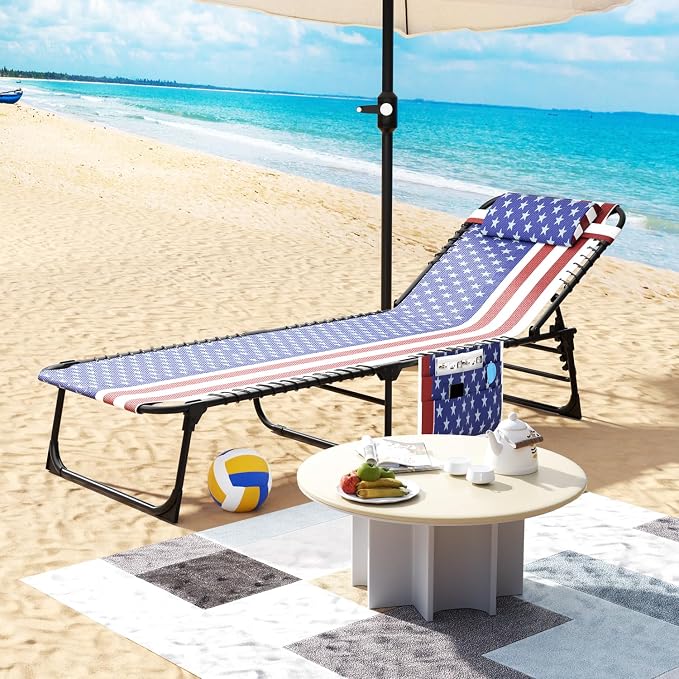 EBE Outdoor Lounge Chair, Portable Chaise Lounge Chair, Folding Sun Tanning Chairs with Detachable Pillow and Side Pocket, Reclining Chairs for Pool Beach Sunbathing, Tricolor Stripe