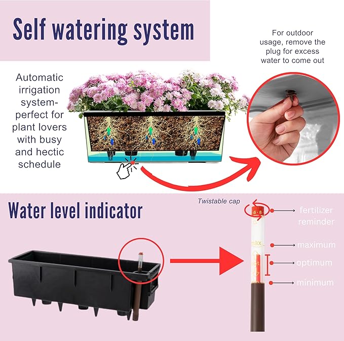 LaLaGreen Wall Hanging Planter Outdoor (4 Pack, 20 Inch) Wall Mounted Self Watering System Window Boxes with Bracket, Black Rectangular Plant Pot Flower Box Container Indoor Modern Herb Kitchen Decor