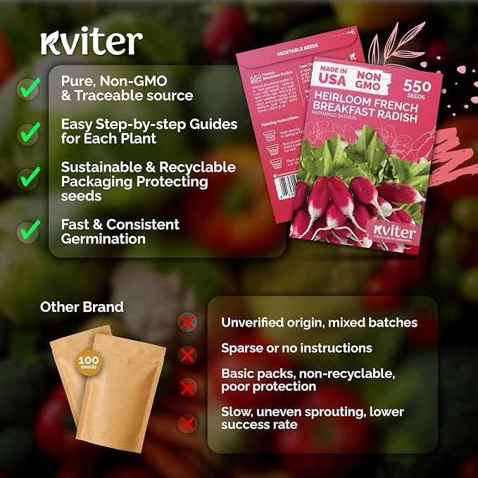 KVITER 550 French Breakfast Radish Seeds (Raphanus Sativus) - Non GMO Radish Seed Packets, Mild Flavor, Crisp Roots, Fast Harvest - Heirloom Vegetable Seeds for Outdoors, Ideal for Home Garden