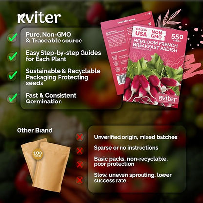KVITER 550 French Breakfast Radish Seeds (Raphanus Sativus) - Non GMO Radish Seed Packets, Mild Flavor, Crisp Roots, Fast Harvest - Heirloom Vegetable Seeds for Outdoors, Ideal for Home Garden