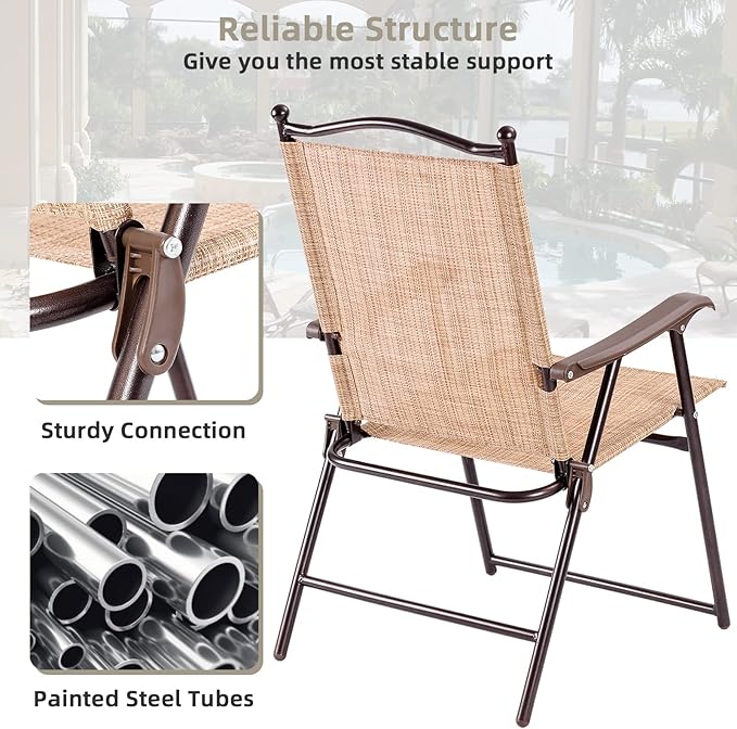 Tangkula Set of 2 Patio Folding Dining Chairs, Outdoor Sling Lawn Chairs with Armrests, Steel Frame, Portable Camping Lounge Chairs for Backyard, Deck, Poolside and Garden, No Assembly (1, Beige)