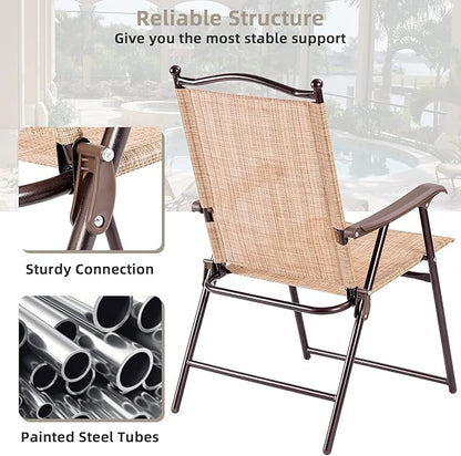 Tangkula Set of 2 Patio Folding Dining Chairs, Outdoor Sling Lawn Chairs with Armrests, Steel Frame, Portable Camping Lounge Chairs for Backyard, Deck, Poolside and Garden, No Assembly (1, Beige)