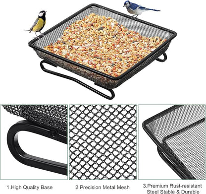 2 Pcs Deck Railing Bird Feeder Tray for Balcony 7 x 7 x 2 Inch Compact Platform Bird Seed Tray with 4 Fixed Elastic Rope Ground Mesh for Garden Backyard Outside Wild Birds or Squirrels