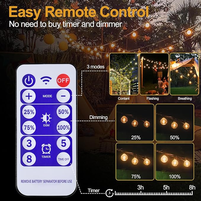 100FT Solar String Lights Outdoor Waterproof, G40 String Lights with 34+3 LED Shatterproof Bulbs, Dimmable Solar Patio Lights with Remote for Outside Backyard Party