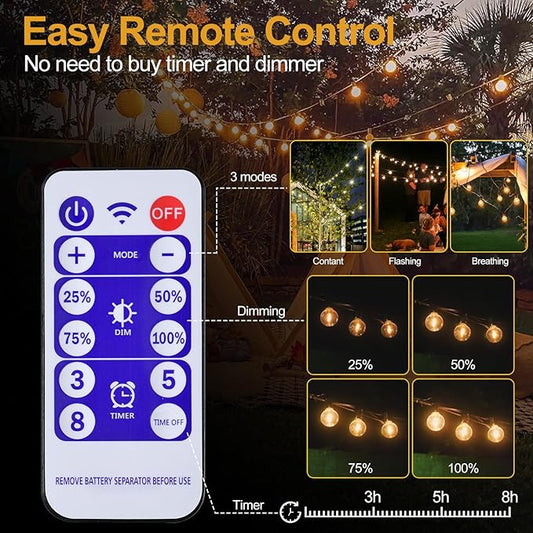100FT Solar String Lights Outdoor Waterproof, G40 String Lights with 34+3 LED Shatterproof Bulbs, Dimmable Solar Patio Lights with Remote for Outside Backyard Party