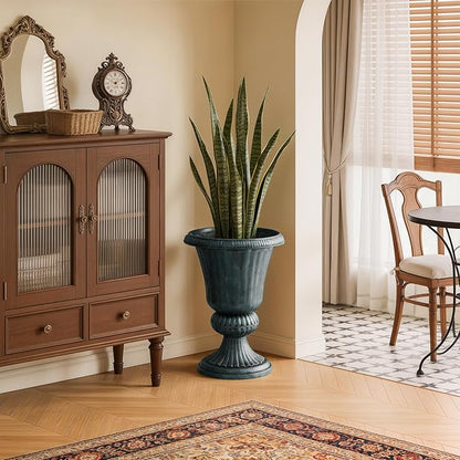 Athena Collection 20''H Garden Plastic Urn Vintage Tall Planter Urn Patio Large Flower Pot Porch Planter Large Planter for Indoor Outdoor Plant, Dark Green