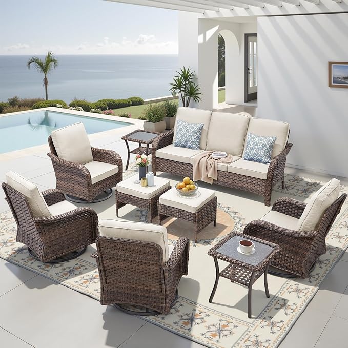 Patio Wicker Chairs Swivel Rocker Outdoor Rocking Chairs Set of 9 Rattan Furniture Set with Thick Cushion, Sofa, Side Table, Ottomans for Balcony Deck Backyard, Beige