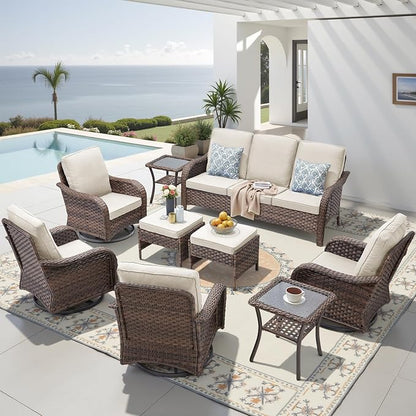 Patio Wicker Chairs Swivel Rocker Outdoor Rocking Chairs Set of 9 Rattan Furniture Set with Thick Cushion, Sofa, Side Table, Ottomans for Balcony Deck Backyard, Beige