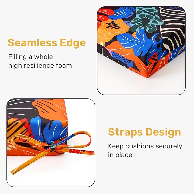 UNIKOME Outdoor Chair Cushions Pack of 4, Water Resistant Patio Cushions with Ties, High Density Sponge Filling Square Corner Seat Cushions for Outdoor Furniture, 24"*24"*4", Colored Flower