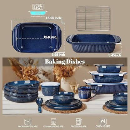 Artena Baking Dish 5.1 Quarts, Casserole Dishes For Oven, Baking Pan With Handles, Lasagna Pan Deep, Large Casserole Dish, Rectangular Ceramic Bakeware (Blue, With Rack)