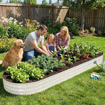 INNO STAGE Galvanized Raised Garden Bed, 12x4x1FT Oval Metal Raised Garden Beds for Vegetables, Rust-Resistant & Easy Assembly, Outdoor Planter Box for Gardening, Flowers, Herbs (White)