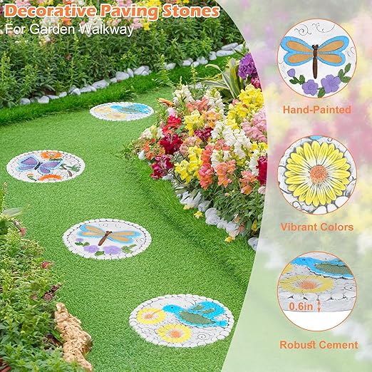3 Pack Cement Stepping Stones Outdoor 10 Inch Round Garden Stepping Stones with Hand-Painted Flowers, Decorative Patio Pavers for Outside Walkway, Dragonfly Butterfly Garden Decor Hummingbird Gifts