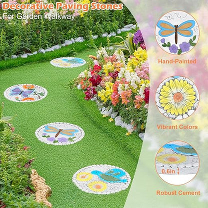 3 Pack Cement Stepping Stones Outdoor 10 Inch Round Garden Stepping Stones with Hand-Painted Flowers, Decorative Patio Pavers for Outside Walkway, Dragonfly Butterfly Garden Decor Hummingbird Gifts