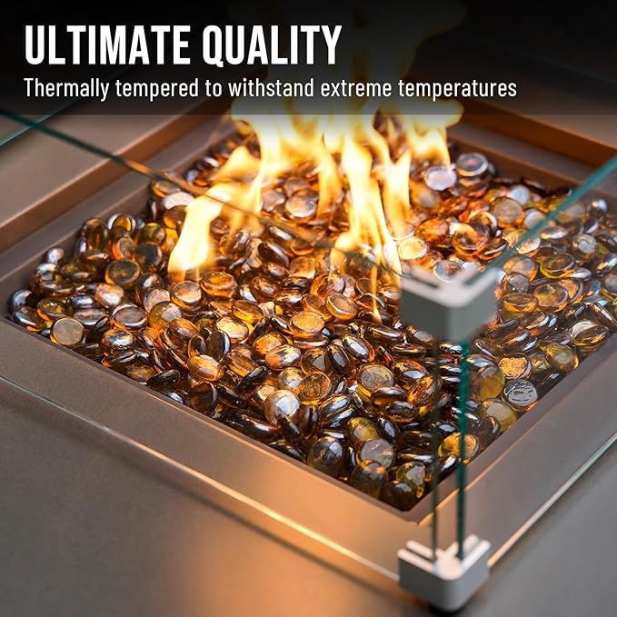 Skyflame 10-Pound Fire Glass Beads for Fire Pit Fireplace, 1/2-Inch Size Caramel Reflective Decorative Blended Fireglass Drops for Landscaping