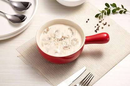 Kook French Onion Soup Crocks, Stackable Ceramic Bowls with Handles, Oven, Microwave and Dishwasher Safe, for Cereal, Soups, Casseroles, with Handle, Stoneware, 24 oz, Set of 4, Crimson Ombre