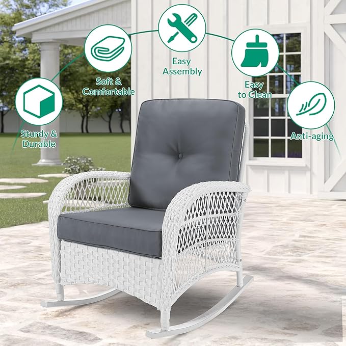 VIVIJASON 3-Piece Outdoor Conversation Bistro Set, Patio Wicker Rocking Chairs Rattan Furniture Sets w/ 2 Rattan Chairs, Cushions, Glass Top Side Table for Garden Porch Backyard (White Wicker/Grey)