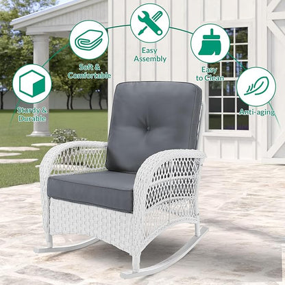 VIVIJASON 3-Piece Outdoor Conversation Bistro Set, Patio Wicker Rocking Chairs Rattan Furniture Sets w/ 2 Rattan Chairs, Cushions, Glass Top Side Table for Garden Porch Backyard (White Wicker/Grey)
