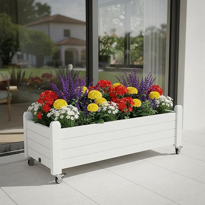 Raised Garden Bed with Wheels Outdoor, Resin Planter Box with Drain Hole and Water Level Detector for Backyard, Patio, Balcony(White)