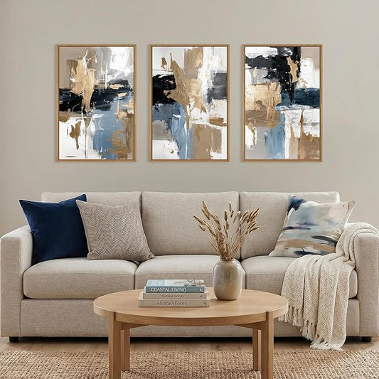 KAIRNE Blue and Gold Abstract Framed Canvas Wall Art Set,Minimalist Brush Strokes Wall Decor,Modern Textured Art Prints,Neutral Brown Black Artwork for Living Room,Bedroom,Farmhouse,Office-24 x36 x3