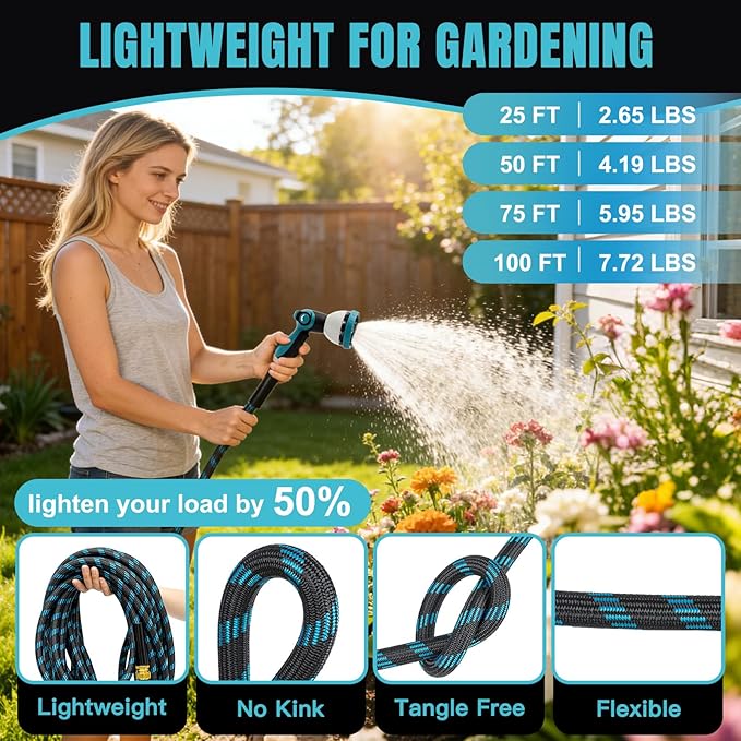 Gardentime 75FT Non-Expandable Garden Hose, Heavy Duty Flexible Water Hose with Leakproof 3/4" Fittings 10 Modes Spray Nozzle, Kink-Free, Lightweight & Durable for Yard, Lawn, Garden & Outdoor Use